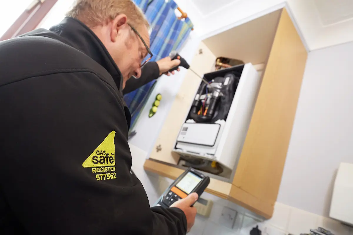 Vector Heat engineer checking boiler flue gas